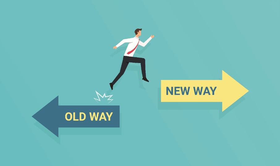 Man leaping from arrow labeled "old way" to arrow labeled "new way"