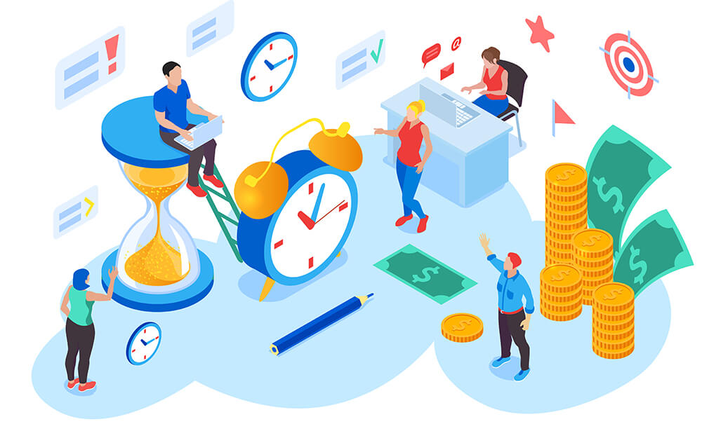Time management design concept for planning and organization of working time without interruption and procrastination isometric vector illustration